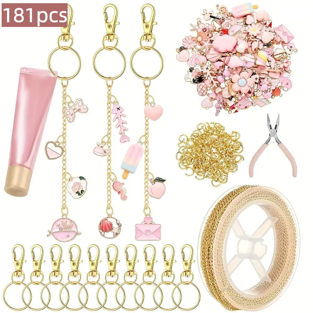 181pcs Lip Gloss Keychain Making Kit Bag Charm Jewelry Chain Making Crafts Charms Keychain Clips with Ring Swivel Hook Lobster Claw Clasps 200 Jump Ring Extender Chain Craft Women