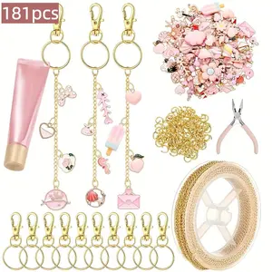 181pcs Lip Gloss Keychain Making Kit Bag Charm Jewelry Chain Making Crafts Charms Keychain Clips with Ring Swivel Hook Lobster Claw Clasps 200 Jump Ring Extender Chain Craft Women