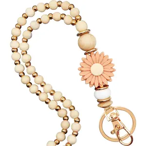 Wooden Teacher Lanyards for Id Badge Cute Flower  and  Beaded Lanyards for Women for Nurse Badge