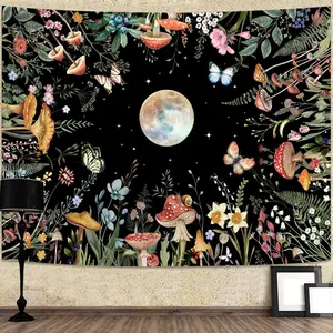 Moon Garden Tapestry Moonlit Green Plant Botanical Mushroom Flowers Tapestry Wall Hanging Black Nature Floral Butterfly Aesthetic Tapestries for Bedroom Dorm Living Room (80'' × 60'')