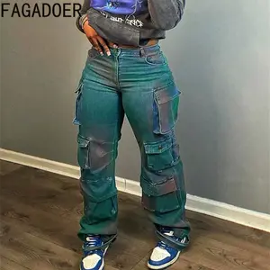 FashionTieDyePrintPocketDenimCargoPantsWomenHighWaistedButtonStraightTrousersCasualFemaleCowboyBottomsJeanWomenswear