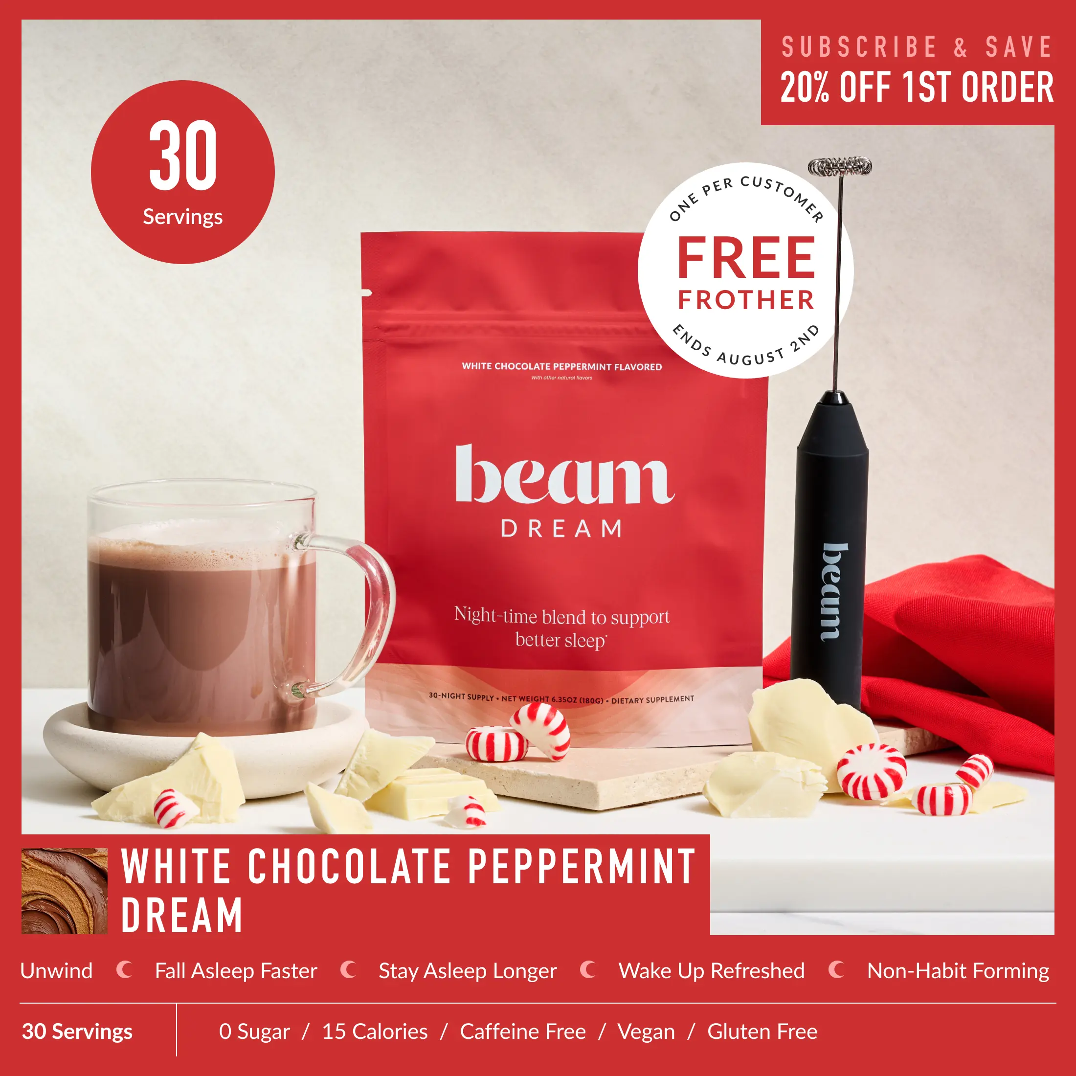 Beam Dream Nighttime Milk Alternative Powder Drink Mix - 30 Servings, White Chocolate Peppermint Flavor, Clean Label Natural Blend Supplement Stack for Adult Better Sleep, Magnesium, L-Theanine, Apigenin, Melatonin, Vegan, Gluten-Free | Summer  Sale