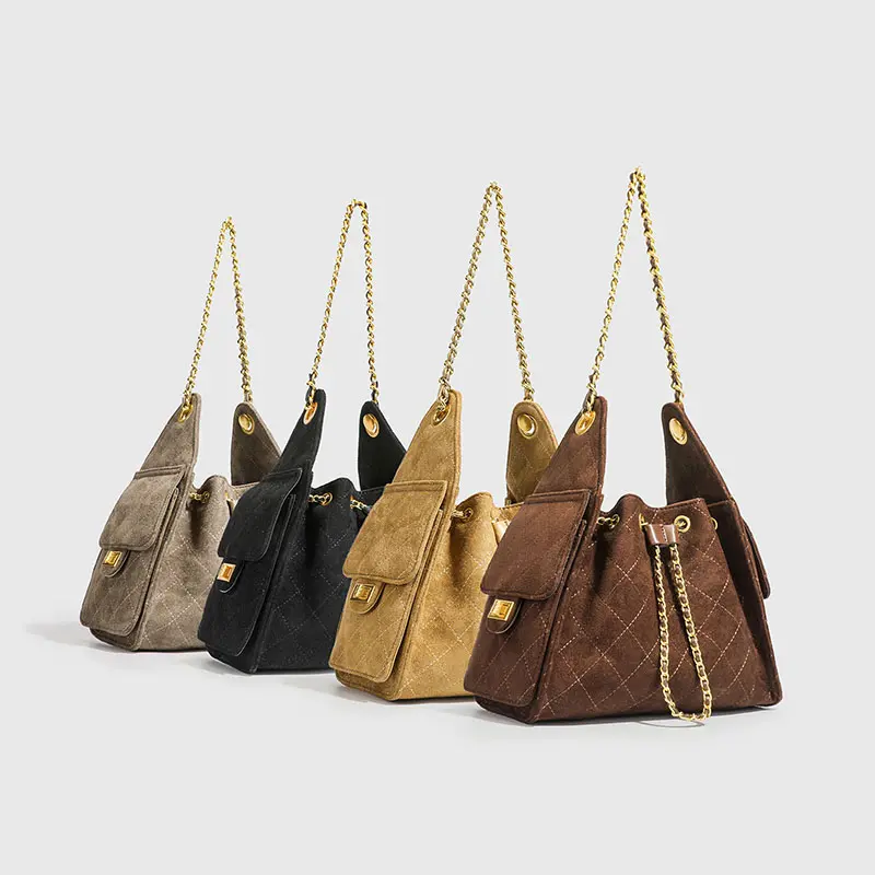 Quilted Suede Drawstring Bag | Premium Street-Style Bucket Bag - Luxury Hobo Handbag | Women's Designer Style Shoulder Bag - Casual Everyday Handbag
