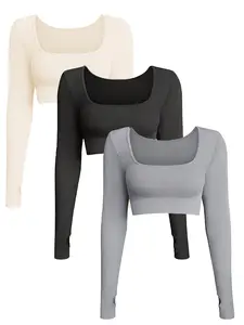 Women's Solid Ribbed Long Sleeve Sports Tee, Casual Comfy Breathable T-shirt for Yoga Gym Workout, Ladies Sportswear for Indoor Outdoor Wear, Gym Yoga Tops