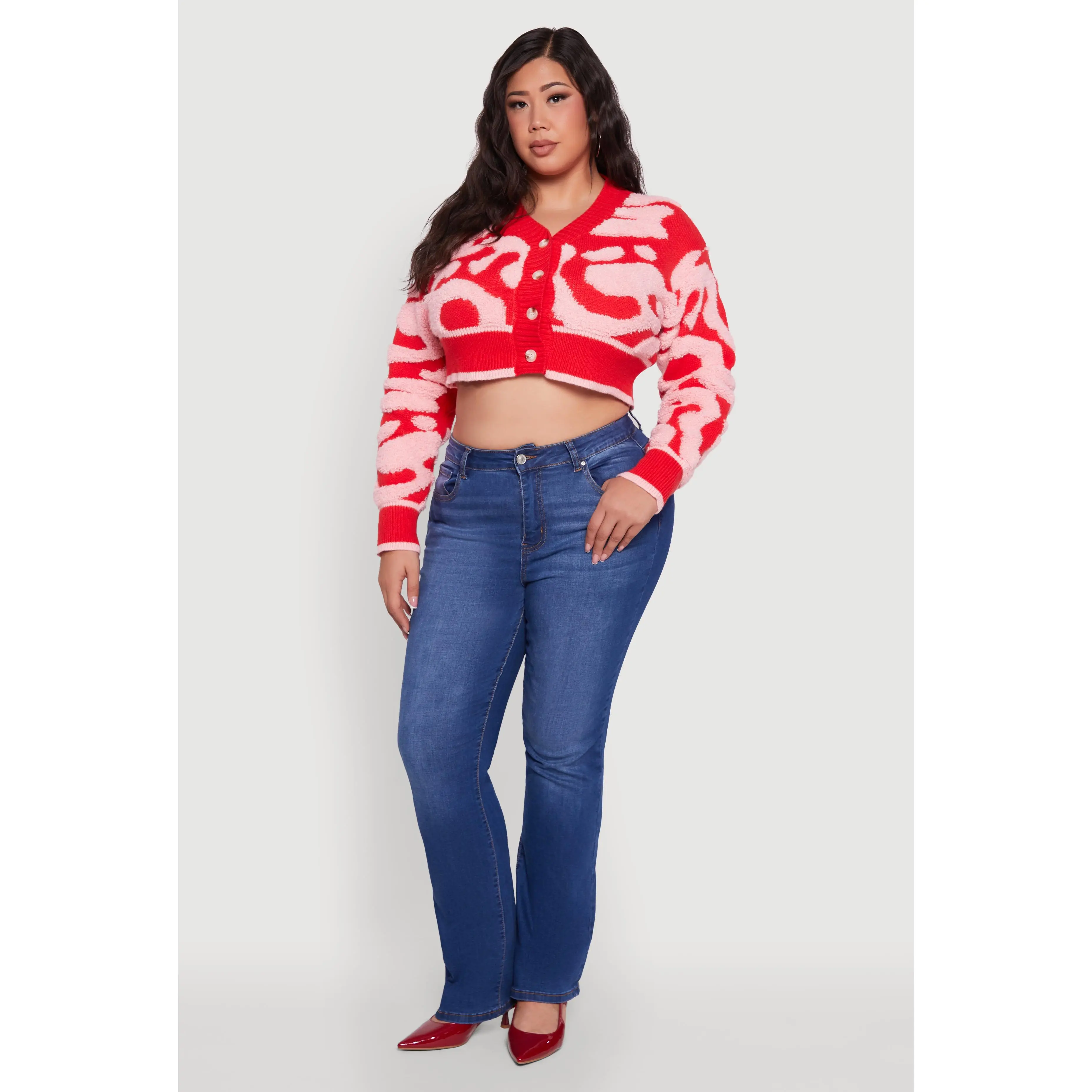 Plus Size Tufted Knit Button Front Cropped Cardigan