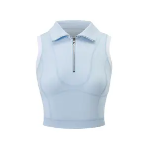 2026 Spring Summer Stock Up Women's vest, slim fit, short, polo collar, metal zipper, breathable side waist, mesh stitching, casual sports style, outdoor sun protection