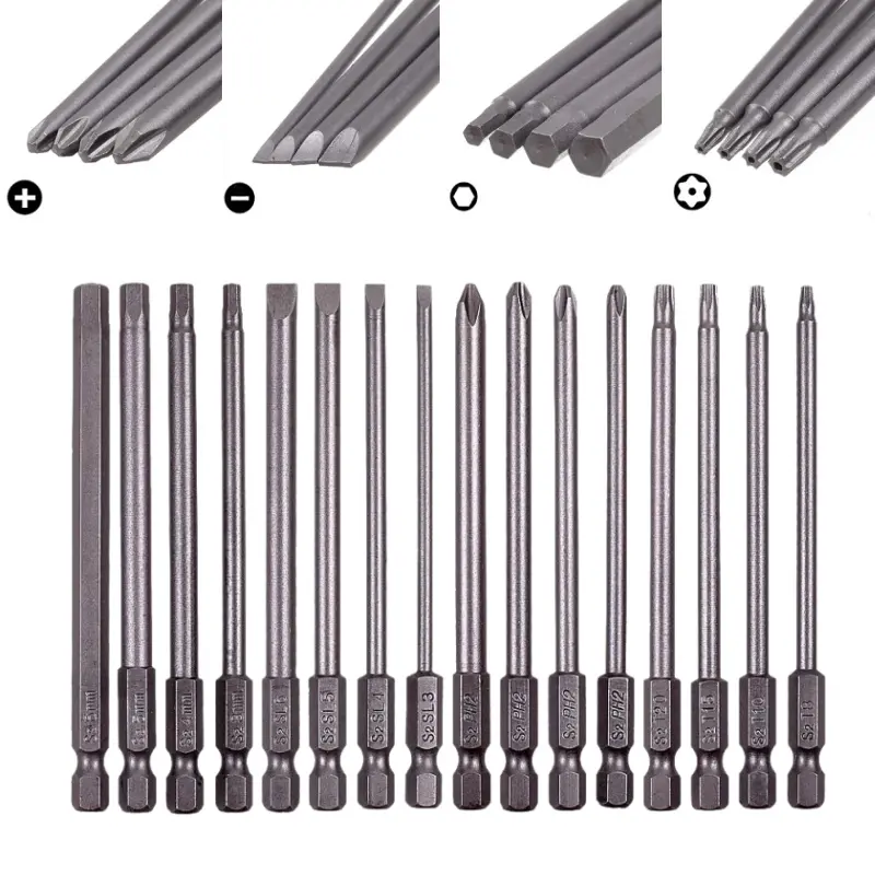 16 Pack 1/4 Inch Hex Shank Long Magnetic Screwdriver Bits Set 4 in Power Tools(Slotted+Cross+Hex+Plum blossom)