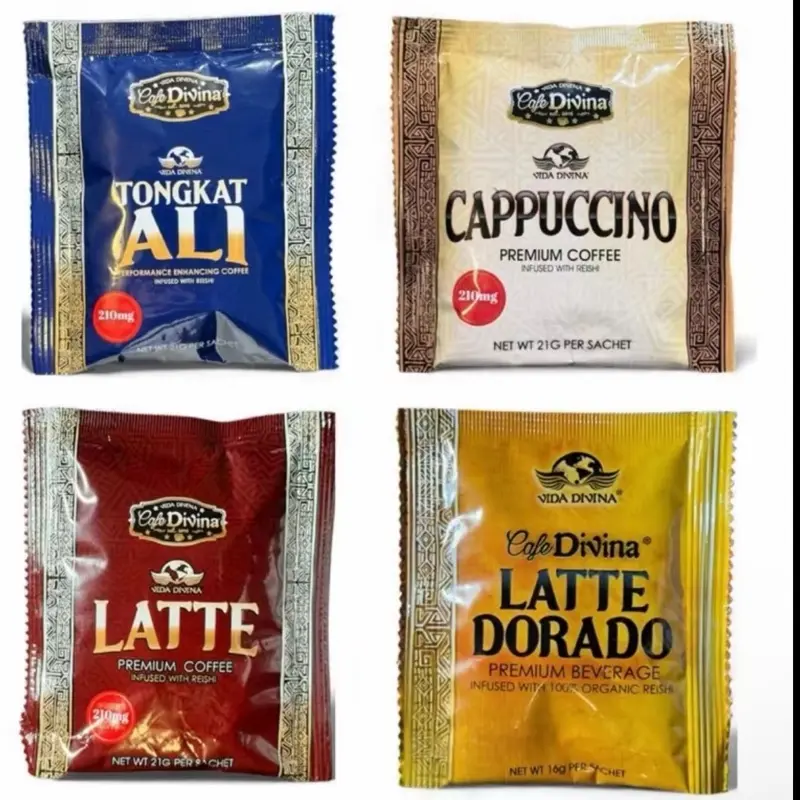 Kit Cafe Divina - 5 Tongkat Ali - 5 Cappuccino - 5 Latte - 5 Latte Dorado - Cafe con ganoderma Coffee Beverage Naturals Sachet