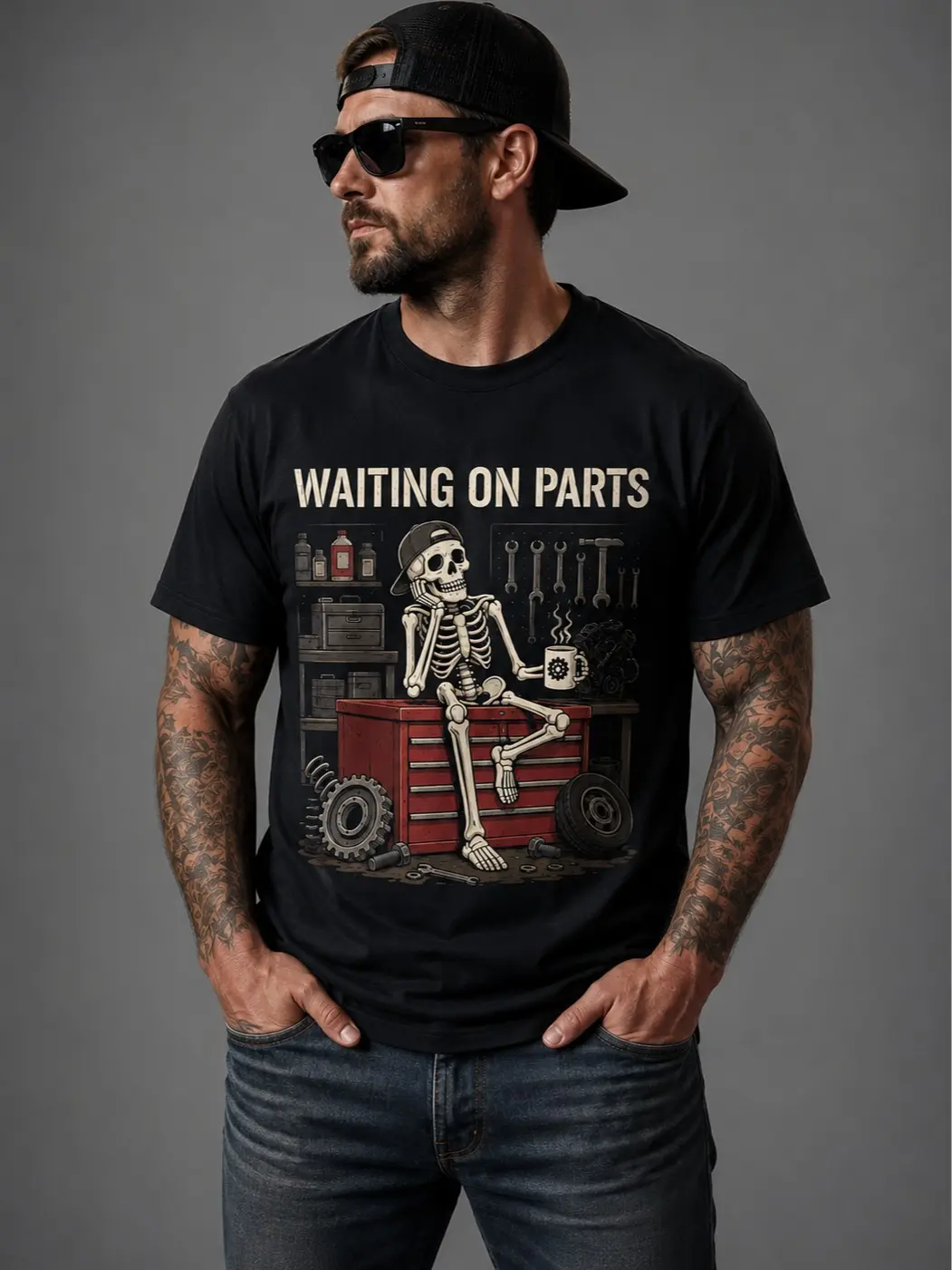 Waiting on Parts T-Shirt, Funny Mechanic Skeleton Graphic Tee, Auto Repair Garage Shirt for Men & Women, Car Enthusiast Mechanic Gift, Wrench & Engine Humor Unisex T-Shirt