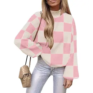 Libsorge Women's Oversized Cute Checkered Sweaters Fall 2024 Casual Cozy Lightweight Turtleneck Ribbed Knit Pullover Sweater