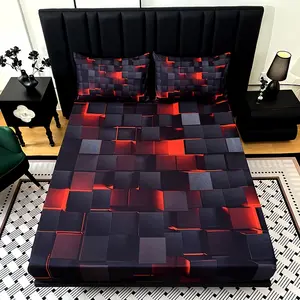 3-Piece technology red plaid mattress set (1 mattress + 2 pillowcases, excluding pillow core), home dormitory high definition printing, all-season polyester, bedding, machine washable, digital printing, Bed Sheets Set