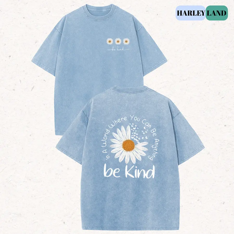 Women's Vintage Be Kind Daisy Graphic T-Shirt, Retro Acid Wash 100% Cotton, Oversized Fit with Front and Back Print for Everyday Wear, M, L