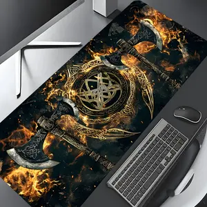 Flaming Viking Axes Nordic Large Gaming Mouse Pad, Washable Rubber Extended Desk Mat with Non-Slip Base, Girly Aesthetic Home Office Decor, Mouse Pads for Desk, Christian Gifts for Women, Desk Accessory