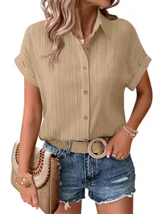 zeagoo DealsForYouDays Womens Button Down Shirts Casual Short Sleeve Dress Shirt Textured Collared Summer Work Blouse