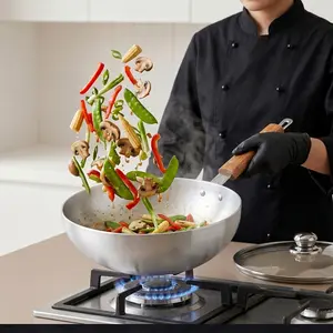 Kitchen King - Delvo Cooking Wok / Karahi, Sizes 10,11,12" Modern Hygienic Cooking Wok, Heavy Duty & Thick Body, Smooth Wooden Stay CoolHandles