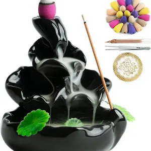 Ceramic Incense Holder for Valentines Day with 100 Cones + 30 Sticks, Waterfall Backflow Burner, Home Decor Ornament