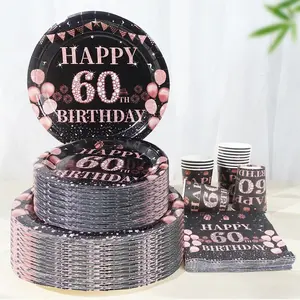 80-piece 60th Anniversary Pink Diamond Themed Tableware Set | Disposable Birthday Party Supplies | Holiday Gathering Decorations | Includes Paper Plates, Paper Cups & Paper Napkins | Serves 20 Guests