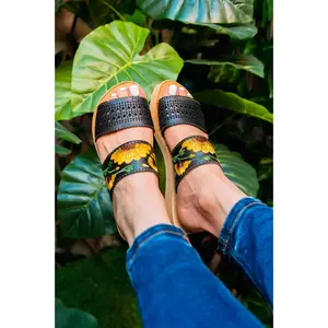 Sunflower Embroidered Slides Black