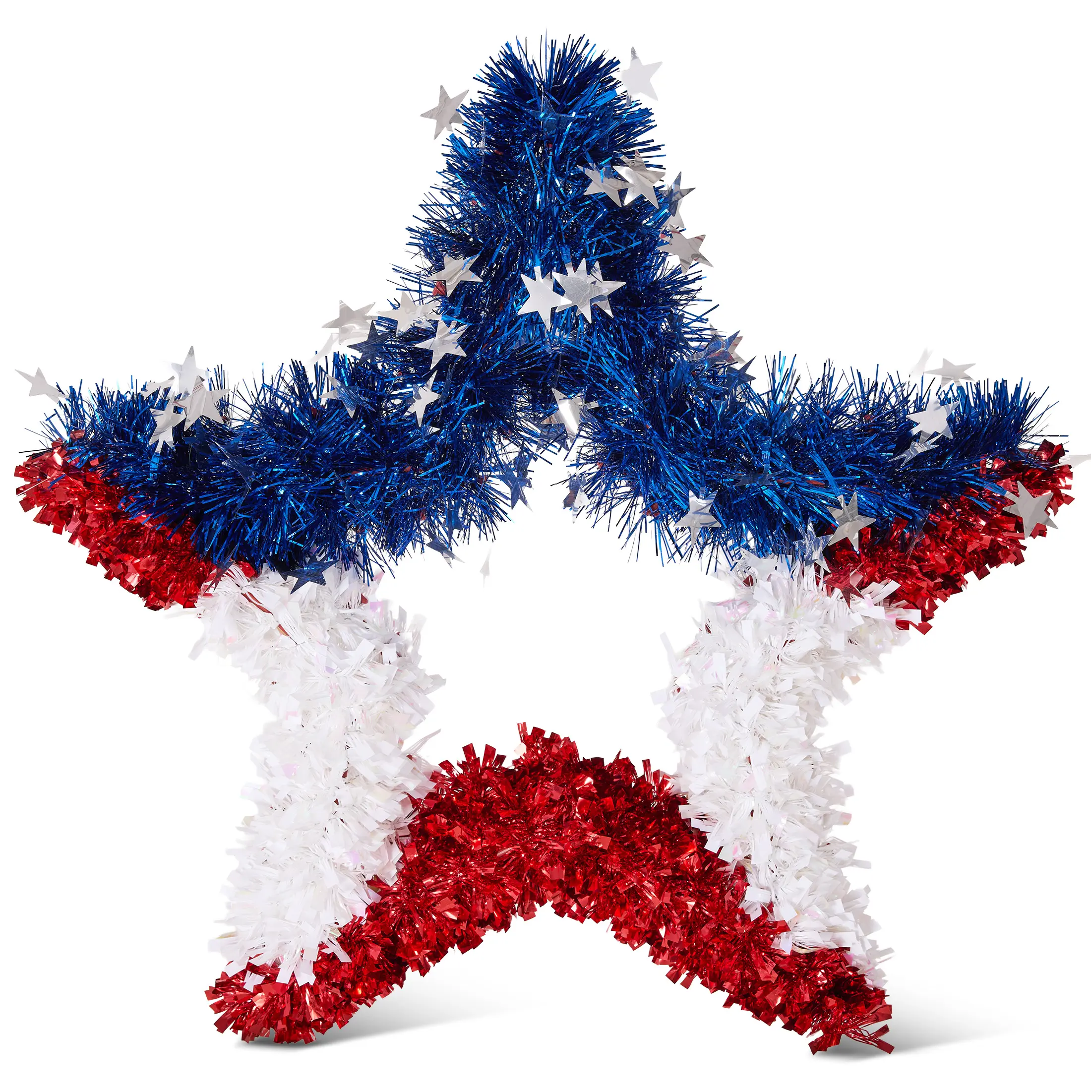 DR.Planzen 20 Inch Patriotic Star Wreath for Front Door, Red White Blue Sparkle Tinsel Summer Holiday Wreath, Indoor Outdoor Seasonal Door Decor