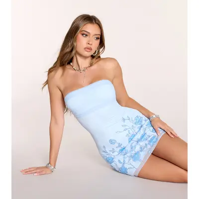 peppermayo exclusive patsie strapless mini dress blue Pepper Mayo Size:M | ITA 42 | EU 38 | UK 10 | US 6 this silhouette is defined iridescent dress The Best Blue Cheese