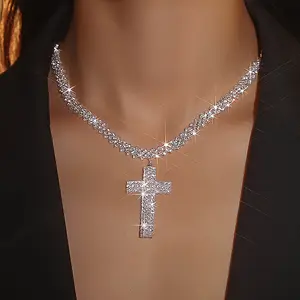 Sparkling Silver Tone Crystal Cross Pendant Necklace Pave Cuban Link Chain Design Glamorous Iced Out Statement Jewelry Ideal for Hip Hop Fashion and Bold Night Out Looks Funny Pig Personalized Valentine's Day Titanium Zircon Eye Photo Versatile name men's