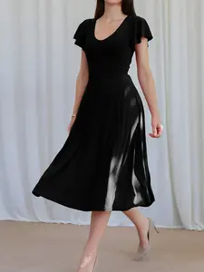 Summer Elegant Chic Solid Color Basic Casual Wear Knit Fabric Belted Midi Dress, Slim Fit Office French Style Dress, Women's Fashion Clothing
