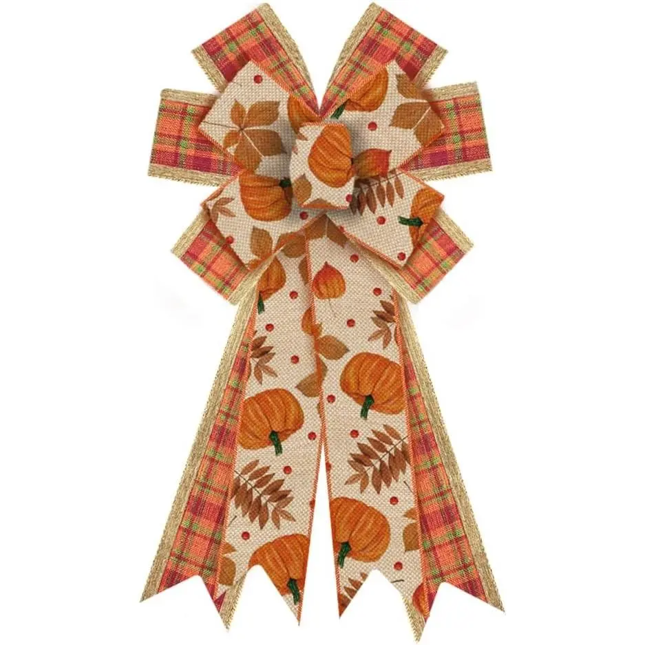 Large Fall Wreath Bows - Thanksgiving Plaid Burlap Bows for Wreaths, Tree Toppers & Home Decor