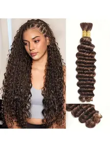 Two bundles, Loose wave bundles of Brazilian virgin human hair extensions, suitable for braiding – deep curl and deep wave bulk hair, without wefts, can be used for making wigs, and adding volume, suitable for women, Deep Wavy Hair (chocolate brown)