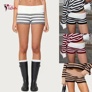 Womens Striped Knit ShortsFold Over Low Rise Mini Shorts for Daily Office Party Club