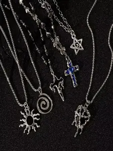 6pc Punk Gothic Cross Heart Sun Necklace Set, Unisex Creative Swirl Star Pendant, Daily Wear, Party Gift, Graduation Gift, Mother's Day Gift
