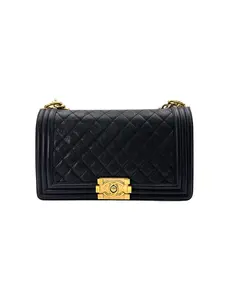 Pre-owned CHANEL LEATHER Crossbody Bags LeBoy Black Quilted Medium Size Flap Bag With Gold Buckle(23***25) IRIS166