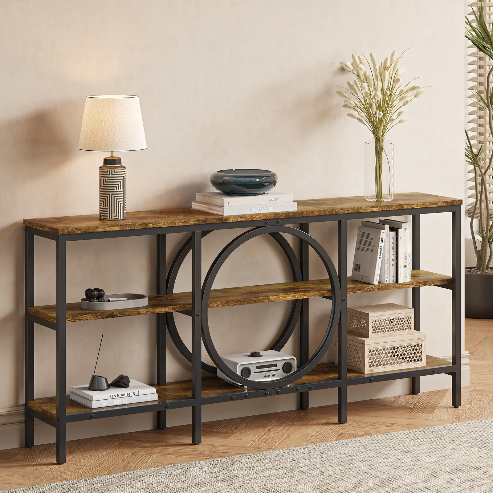 66.9-Inch console Table, coffee table, Narrow Sofa Table with 3 Wooden Storage Shelves Industrial Style accent Table for Living Rooms, Hallways and Entryways to Enhance Home Ceremony Modern Furniture