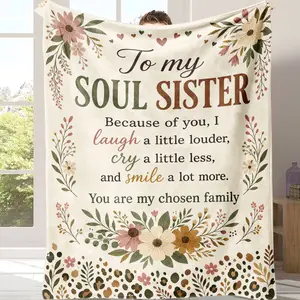 Viral Soul Sister Quote Throw Blanket - Boho Floral "Chosen Family" Flower Style, Cute Print with Floral Embellishments, Printed Fabric, Ultra Soft Gift for Best Friends, Perfect for Birthdays, Galentine’s Day, Throw Blankets, Flower Blankets