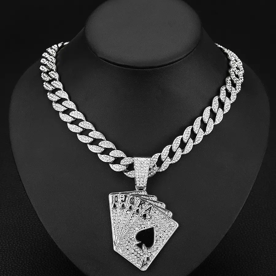 Male Alloy Cuban Chain Necklace - Chain & Link Jewelry with Ace of Spades Playing Card Silver Pendant, 18inch Cuban Link Retro Hip Hop Streetwear Fashion Accessory, 18 In, Ace Spade, Ace Pendant