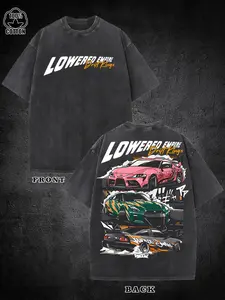 Retro JDM Drift Car Tee for Men & Women | Washed Black Short Sleeve with 3 Stacked Race Cars & Graffiti Art, Automotive Aesthetic, Ideal for Everyday & Outdoor Activities