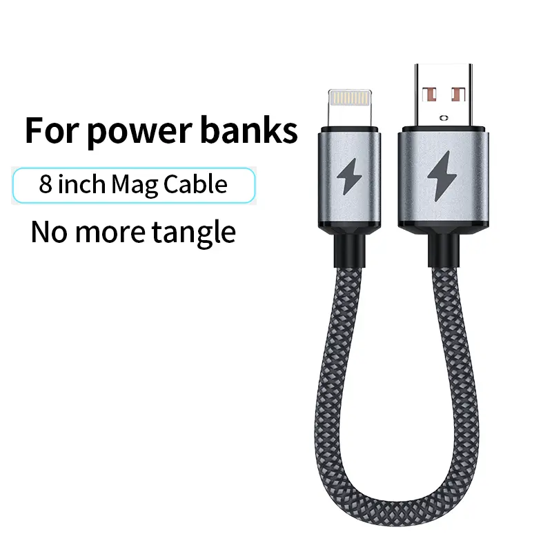 Kaxoe 20W Fast Charging USB-A to Lightning Cable, 8inch(20CM) Braided Magnetic Short Cable for Power Bank, Compatible with iPhone 6-14 Plus Pro Max, Ideal for Home & Hiking, Charging Cable