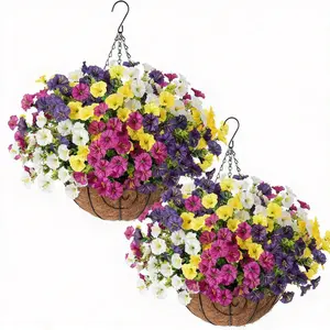 2pcs Artificial Hanging Basket with Morning Glories Faux Flowers in Coco Fiber Liner and Iron Frame Multi-Color Decorative Plant for Balcony, Porch, and Yard Lightweight and Easy to Hang Design Available in Multiple Vibrant Colors