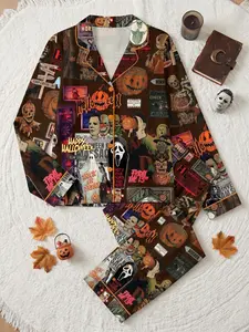 Halloween Pajama Set for Women, Horror Movie Print Long Sleeve Button Up Sleepwear Lounge Set, Spooky Season Nightwear