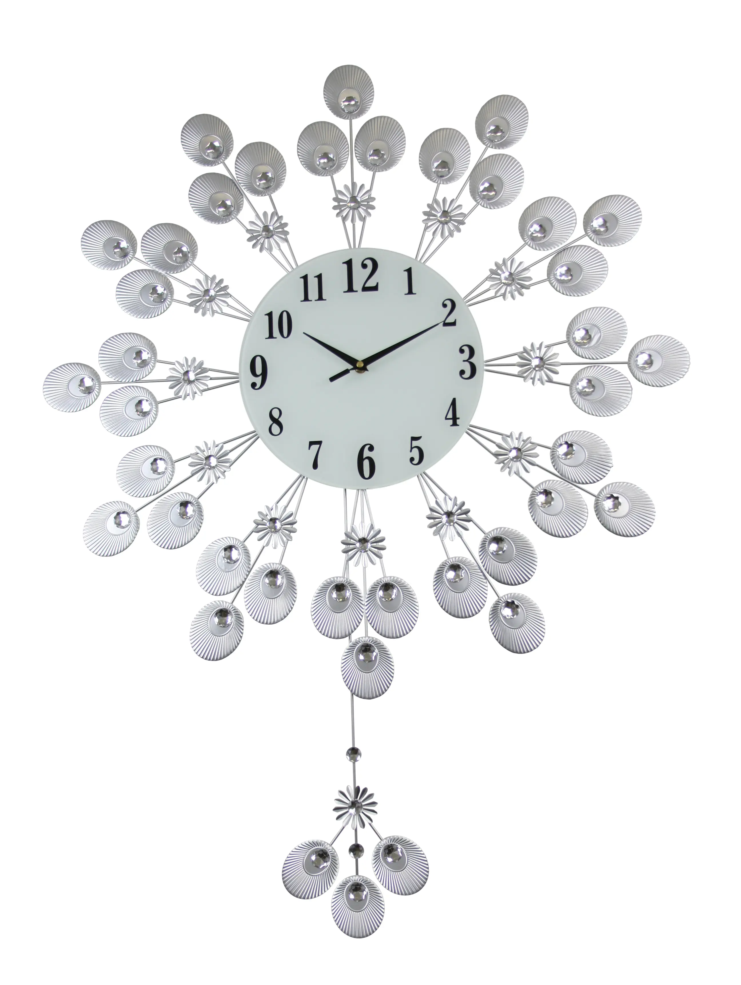 Large Round Wall Clock Openwork Sunburst Starburst Design with flower accents and Working Pendulum in Silver