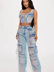 Losing Time Cargo Pant Set - Acid Wash Denim