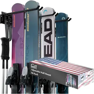 USA Based Ski Rack Wall Mount, Holds 6 Pairs of Skis, Snowboard Hanger for Garage Wall Storage, Holds Up to 75lbs, 3 Hooks Black
