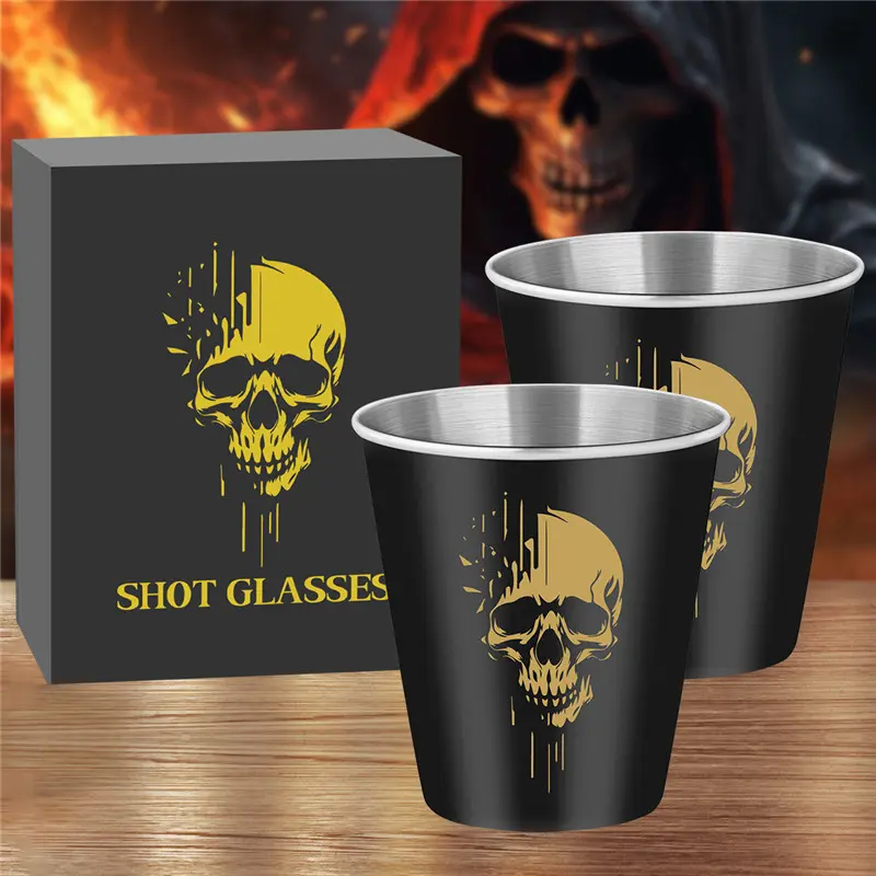 Set of 2 Skull Pattern Stainless Steel Shot Glasses, Shot Cup Glasses, Drinkware, 70ML Capacity, Perfect for Kitchen Dining Bar Parties, Tequila Vodka Liqueur Liquor Glass,Creative Father's Day, Halloween, Christmas Gift