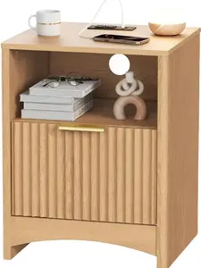 Nightstand with Charging Station, Fluted Bedside Table featuring Storage & Drawer, Modern End Table with USB & AC Outlets, Compact Wooden Night Stand for Bedroom, Light Oak Finish.