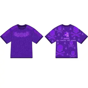 Yackk Purple T-Shirt with Skull Design and Text Patterned Front and Back View