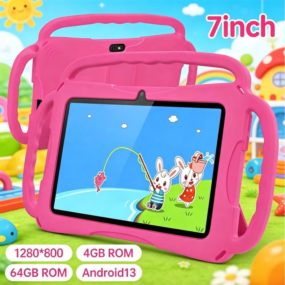7-inch children's tablet, Android Tablets, with 4GB RAM and 64GB ROM, supporting WIFI function, Android 13 system, parents can control, equipped with educational and learning software, portable silicone shock resistant protective case