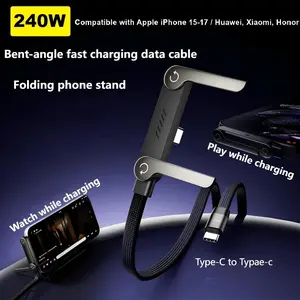 30W–240W braided fast-charging cable with built-in phone stand, T‑shaped foldable durable Type‑C cable, 90° Type‑C cable, right-angle multifunctional charging cable, black, 4.9 ft
