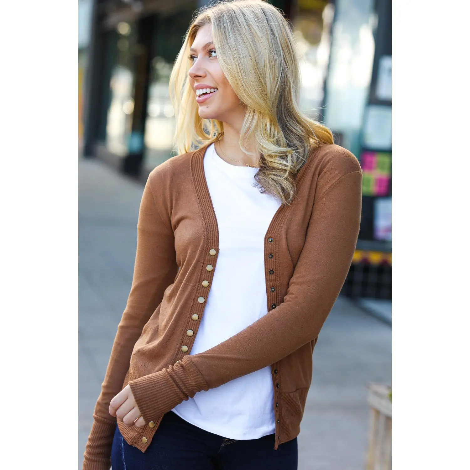 Day On The Town Camel Snap Button Rib Detail Cardigan