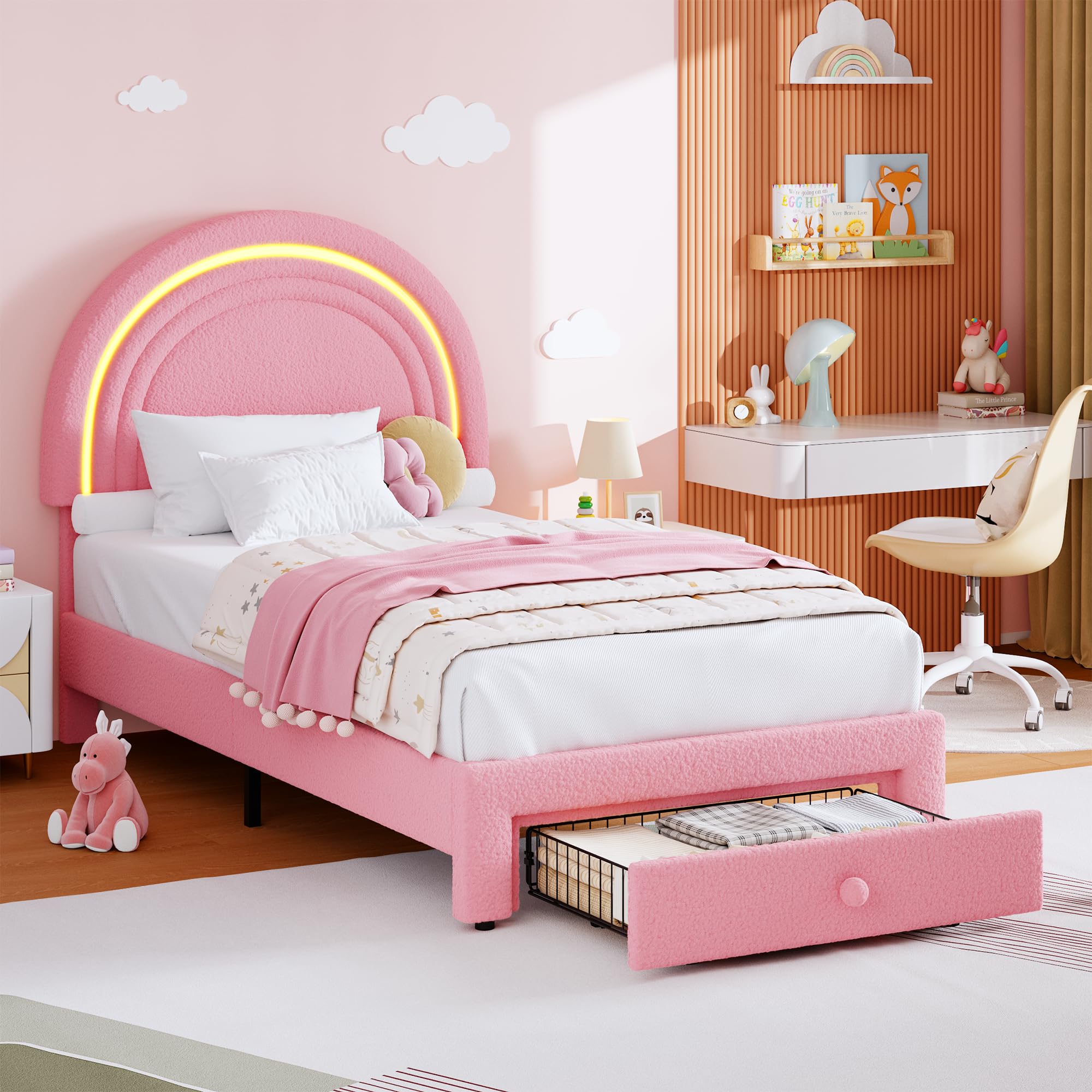 Twin Upholstered LED Bed Frame-with Storage Drawer and Rainbow Headboard, Berber Fleece Princess Platform Bed for Kids, Solid Wood Slat Support,Pink