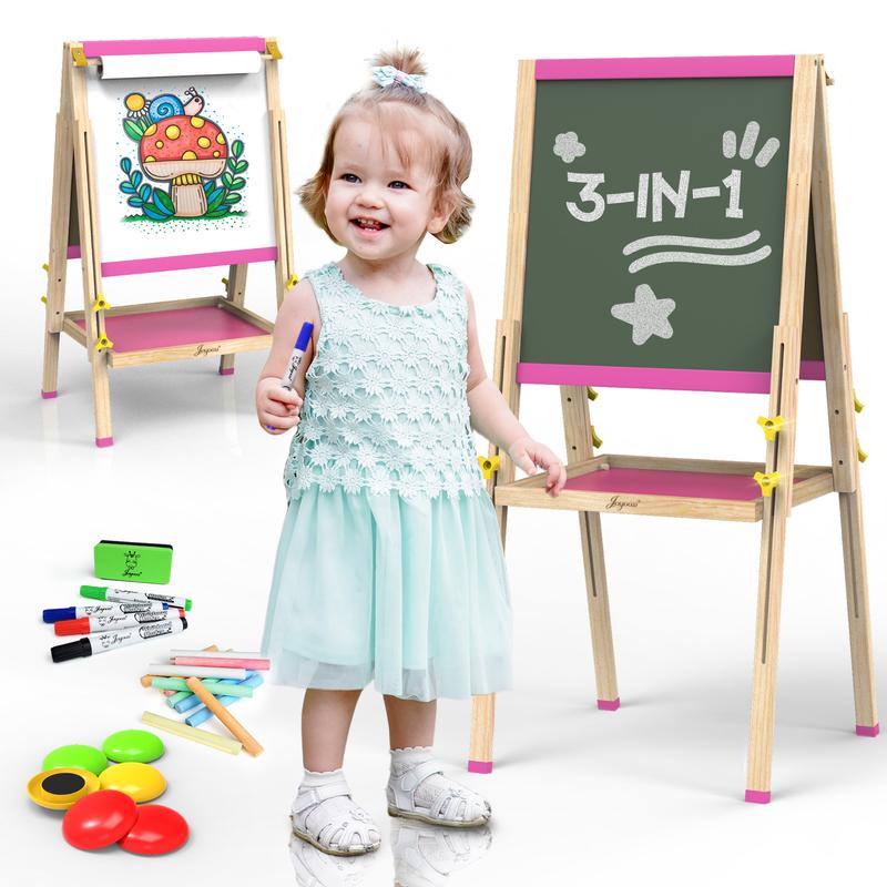 JOYOOSS Easel for Kids Art Easel Kids Easels for Toddlers Easel,Dual-Sided Adjustable Wooden Magnetic Board for Kids 106-PINK