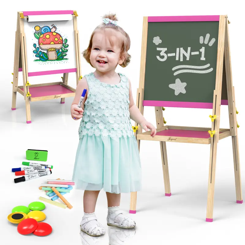 JOYOOSS Easel for Kids Art Easel Kids Easels for Toddlers Easel,Dual-Sided Adjustable Wooden Magnetic Board for Kids 106-PINK